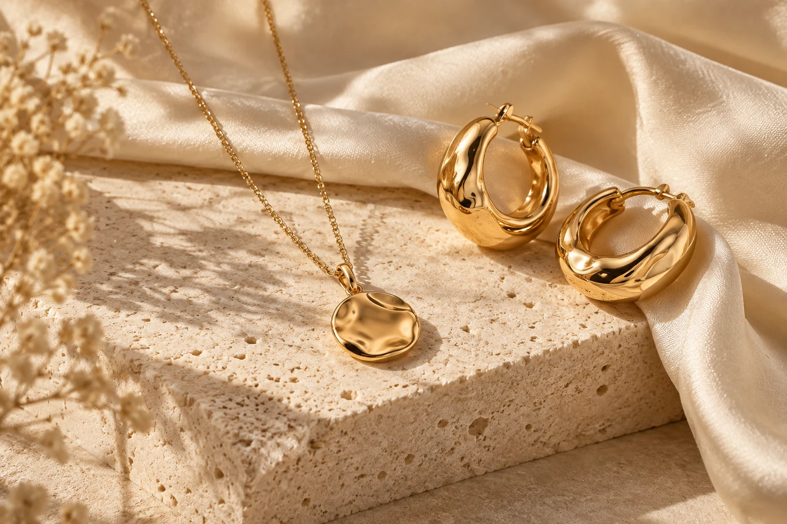 Sculptural gold hoops and a delicate necklace on sunlit ivory silk